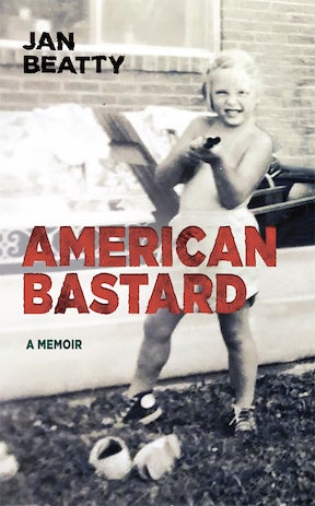 Cover of Beatty's American Bastard, red and black sanserif fonts on sepia photo of the author as a child holding a toy gun