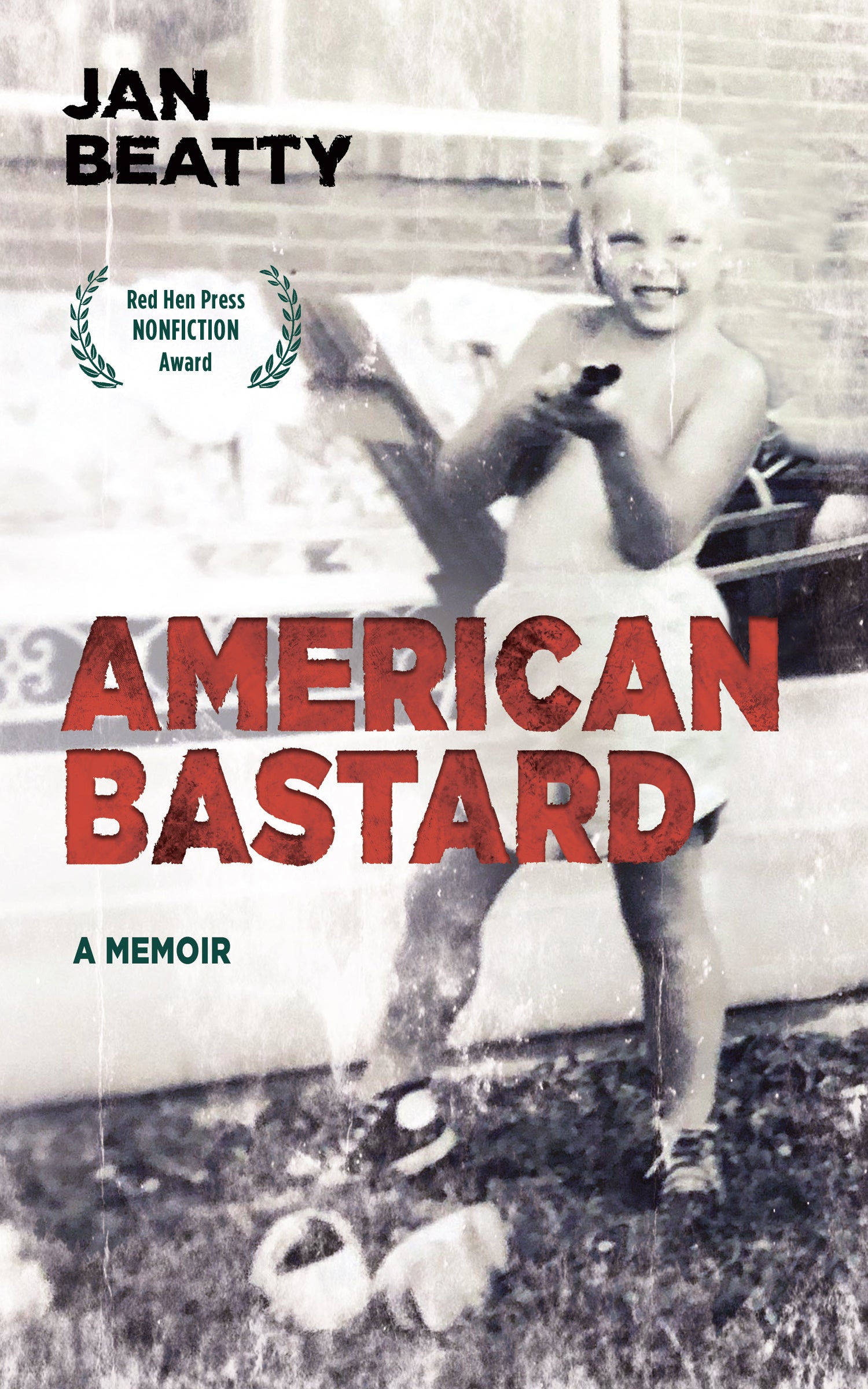 Cover of Beatty's American Bastard with a photo of a young child playing with a hose