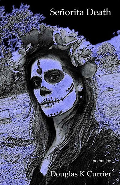 Cover of Senority Death a photo of a brown woman in a desert setting, face painted white and hair festooned in blossoms. She looks defiant.