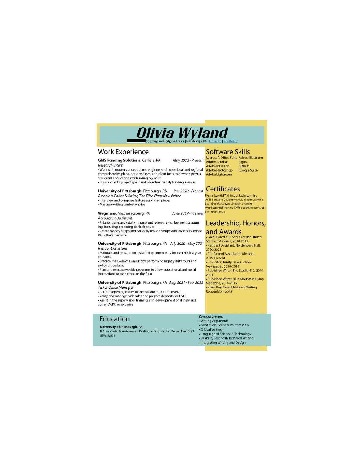 Olivia Wyland's Most Recent Resume (skills highlighted in surrounding text)